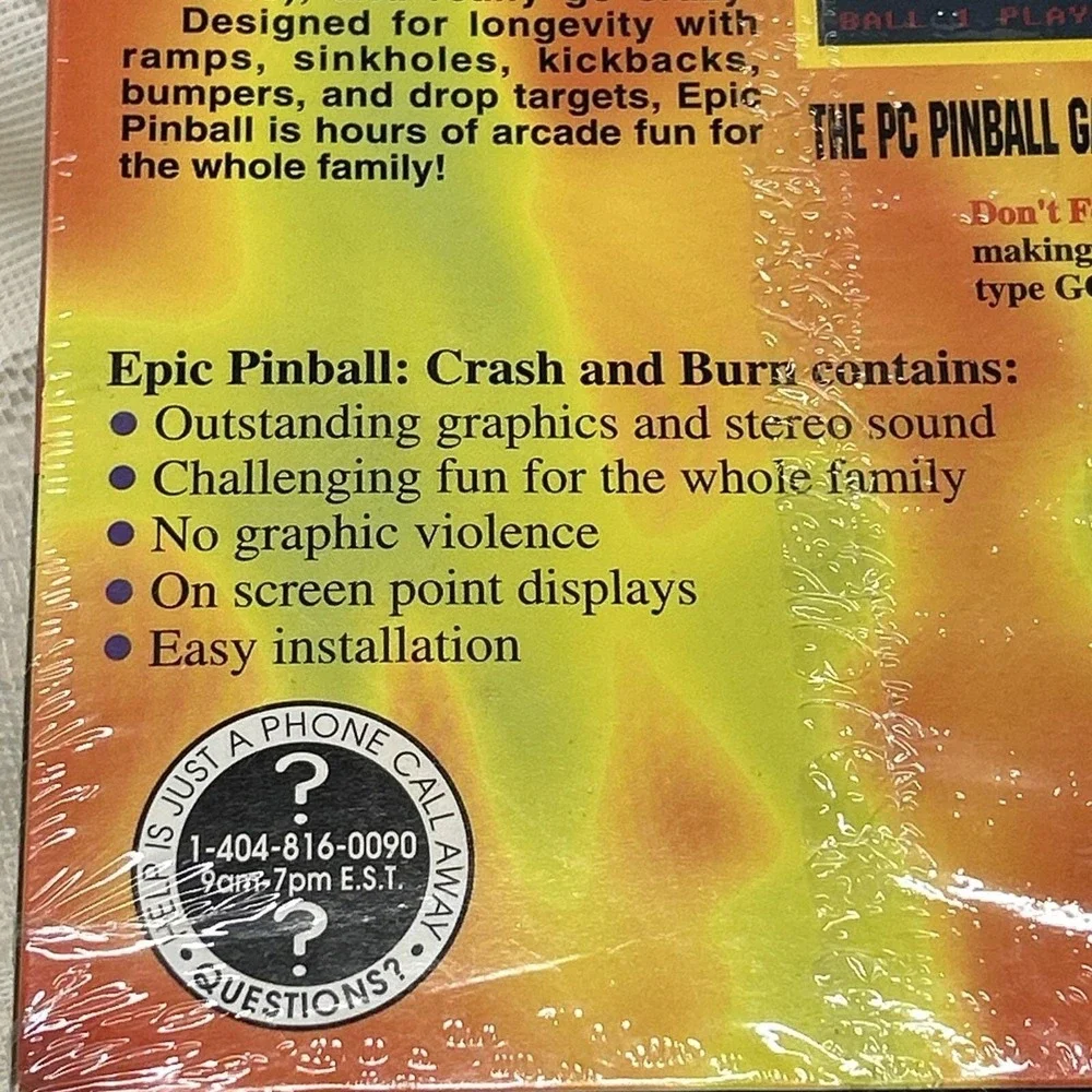 Epic Pinball CRASH & BURN PC Game Factory Sealed Box, Made In USA. Unopened 1995